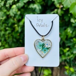 🔴 SOLD Icy Petals Necklace ❄️ Handmade Heart Resin Pendant with Blue Flowers